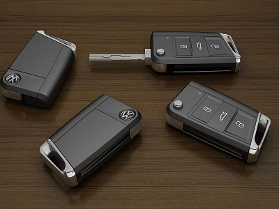 Four Black Volkswagen Car Keys With Remote Control On Wooden Tabletop 3d model
