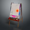 Easel with Musical Instrument Painting and Art Supplies Including Paint Brushes