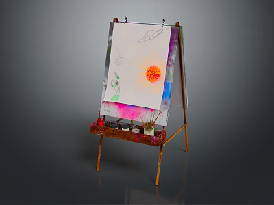 Easel with Musical Instrument Painting and Art Supplies Including Paint Brushes 3d model