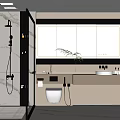 Modern Bathroom Interior With Glass Shower Large Mirror Wooden Vanity And Potted Plant