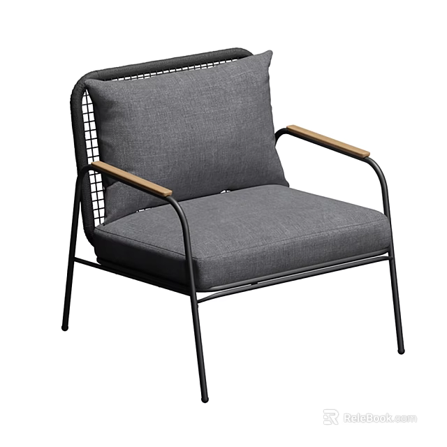 Modern Dining Chair with Metal Frame Wooden Armrests Gray Cushion and Mesh Backrest 3d model 