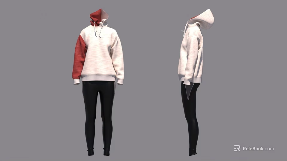 Stylish White Hoodie With Red Sleeves And Black Tight Pants Outfit 3d model 