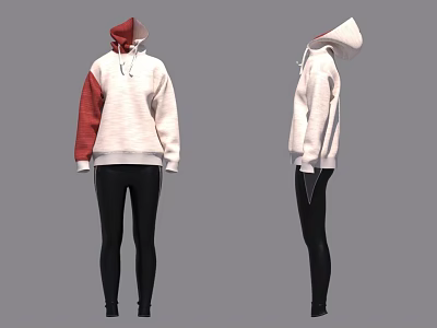 Stylish White Hoodie With Red Sleeves And Black Tight Pants Outfit 3d model