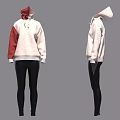 Stylish White Hoodie With Red Sleeves And Black Tight Pants Outfit