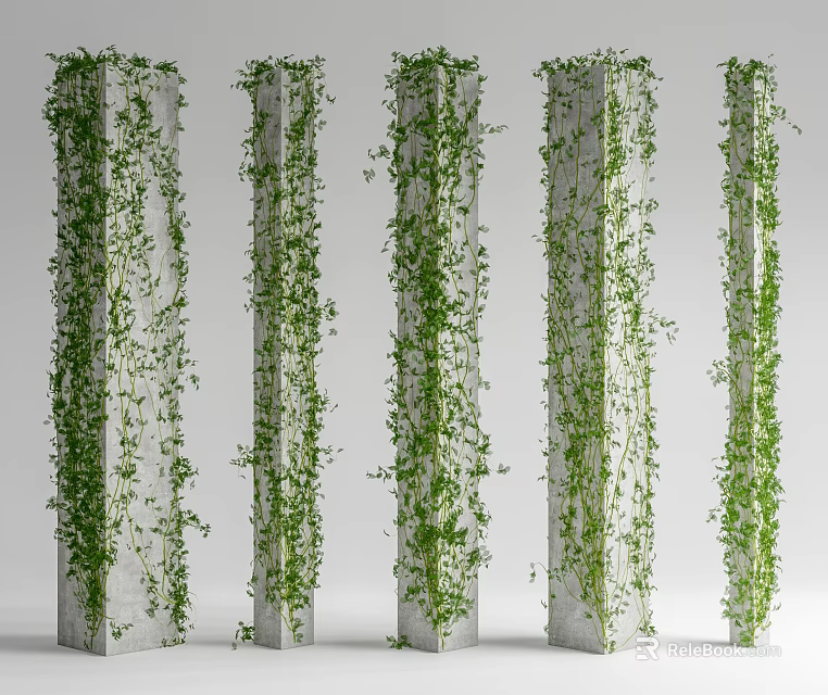 Green Vines Covering Five White Vertical Pillars With Lush Foliage 3d model 