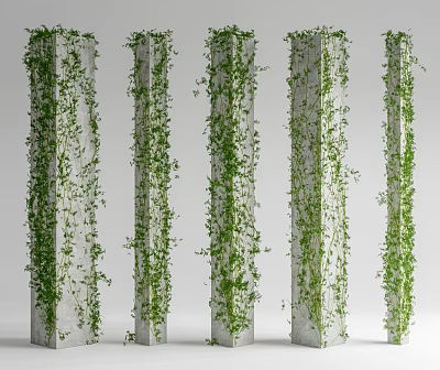 Green Vines Covering Five White Vertical Pillars With Lush Foliage 3d model