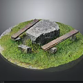 Outdoor Scenic Setting With Circular Grassy Area Large Stone Table And Wooden Benches