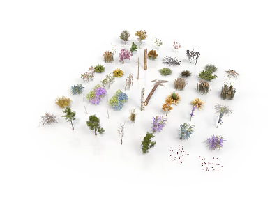 Various Plant Models Including Trees Shrubs And Flowers Arranged In Circle On White Background 3d model