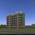 Multi Story Residential Building With Light Colored Exterior Windows Balconies And Green Surroundings