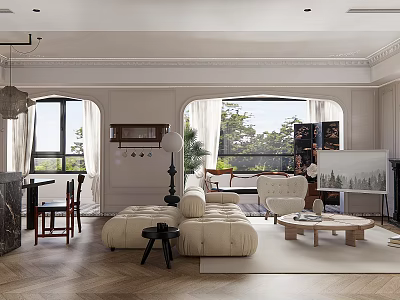 Modern Elegant Living Dining Room With Beige Sofa Coffee Table Dining Chairs And Large Windows 3d model