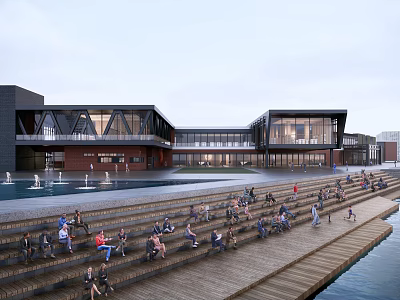 Modern Waterfront Building With Glass Facade Red Brick Accents Tiered Plaza People Relaxing Wooden Walkway 3d model