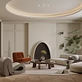 Elegant Modern Living Room Interior With Curved Ceiling Fireplace And Herringbone Floor
