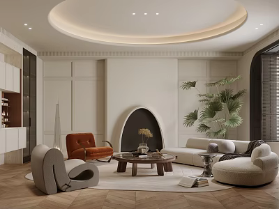 Elegant Modern Living Room Interior With Curved Ceiling Fireplace And Herringbone Floor 3d model