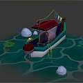 Small Boat With Red Roof And Flags Sailing On Water Surface With Lily Pads And Stones
