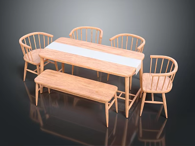 Rectangular Wooden Dining Table Set With 4 Chairs And Bench For Home Dining Area 3d model