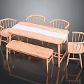 Rectangular Wooden Dining Table Set With 4 Chairs And Bench For Home Dining Area 3d model