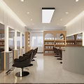 Modern Minimalist Beauty Hair Salon Interior Design With Comfortable Styling Chairs And Wooden Display Shelves