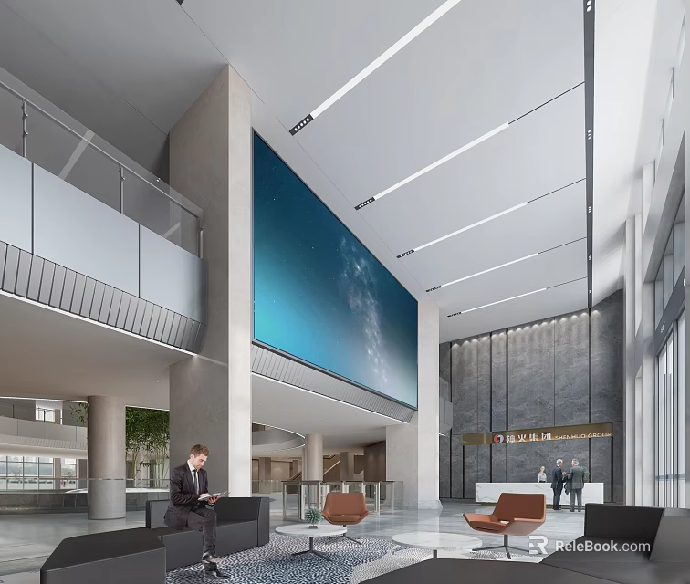 Modern Lobby Interior With Stylish Reception Desk Large Digital Screen And Seating Area 3d model 