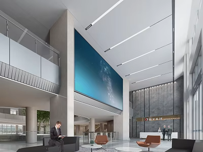 Modern Lobby Interior With Stylish Reception Desk Large Digital Screen And Seating Area 3d model