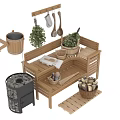 Wooden Storage Bench With Hanging Bucket Green Plants Wooden Spoons And Wicker Basket