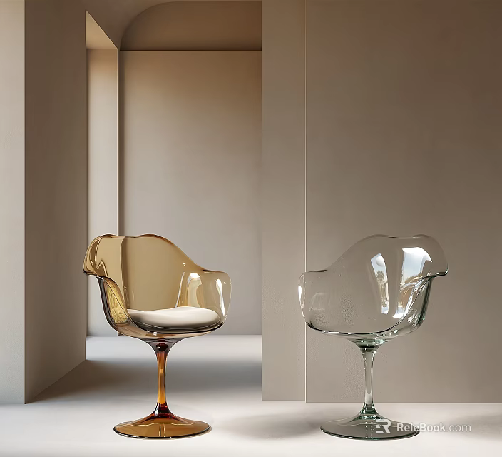 Modern Designer Single Chairs With Golden And Transparent Wine Glass Bases In Minimalist Room 3d model 