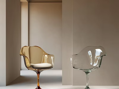Modern Designer Single Chairs With Golden And Transparent Wine Glass Bases In Minimalist Room 3d model