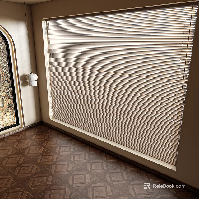 Stylish Venetian Blinds Covering Window In Interior With Geometric Pattern Floor And Wall Sconce 3d model 