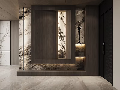Modern Entryway Hallway Interior Design With Marble Walls Wooden Panel And Sculpture Lighting 3d model