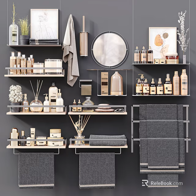 Stylish Bathroom Accessories With Shelves Towel Rack Towels Bottles And Mirror Decor 3d model 