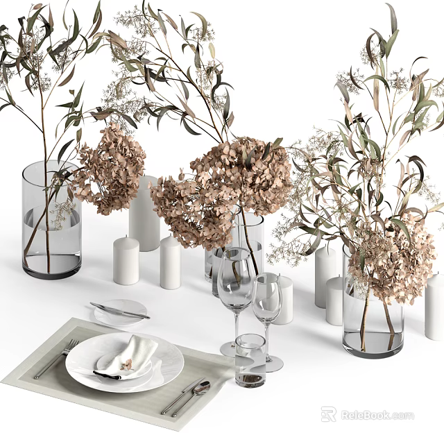 Elegant Tableware Set With Clear Glass Vases Dried Hydrangea And White Candles For Table Setting 3d model 