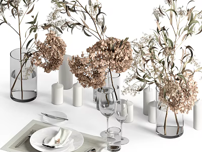 Elegant Tableware Set With Clear Glass Vases Dried Hydrangea And White Candles For Table Setting 3d model