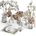 Elegant Tableware Set With Clear Glass Vases Dried Hydrangea And White Candles For Table Setting 3d model