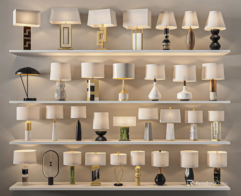 Various Modern Stylish Table Lamps with Different Bases Displayed on Shelves 3d model