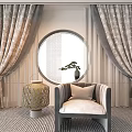 Luxurious Patterned Curtains In Elegant Room With Round Window Armchair Lantern And Potted Plant