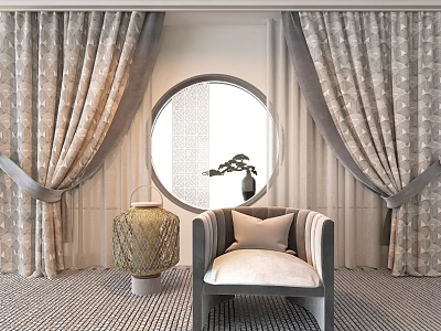 Luxurious Patterned Curtains In Elegant Room With Round Window Armchair Lantern And Potted Plant 3d model