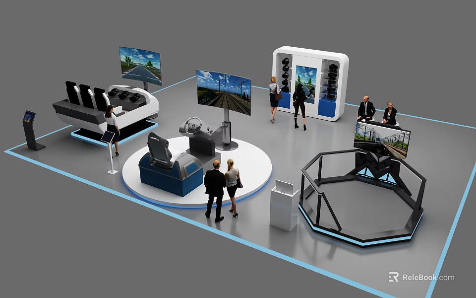 Modern Interactive Exhibition Hall With Round Hexagonal Booths Digital Screens And Visitors 3d model