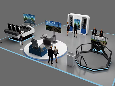 Modern Interactive Exhibition Hall With Round Hexagonal Booths Digital Screens And Visitors 3d model