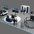 Modern Interactive Exhibition Hall With Round Hexagonal Booths Digital Screens And Visitors 3d model