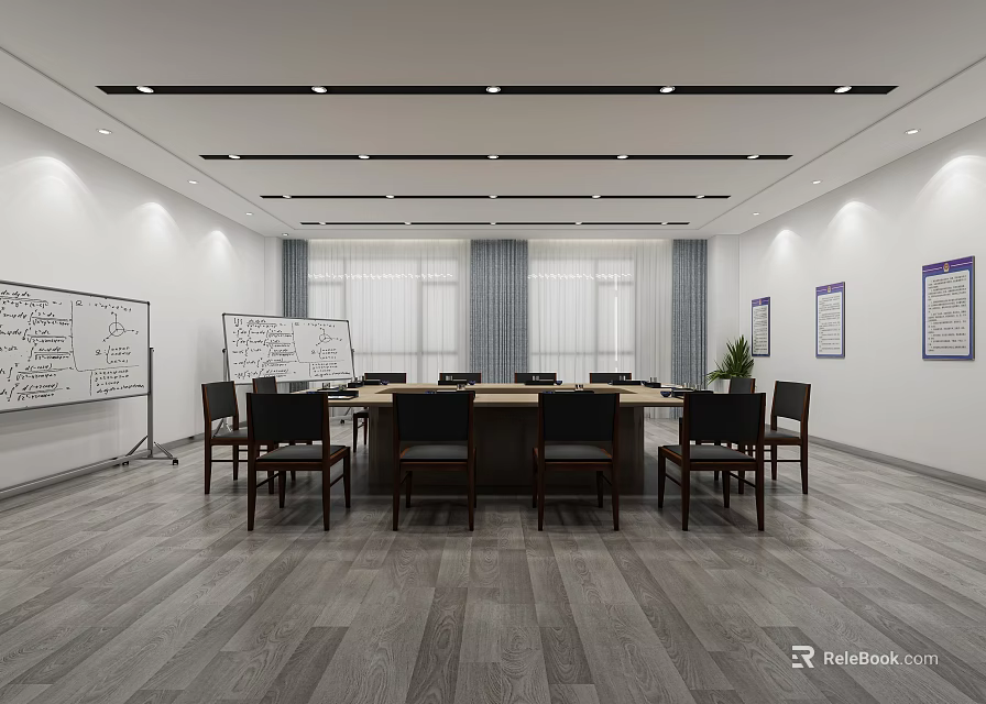 Modern Conference Room Interior With Conference Table Chairs Whiteboard Windows And Wall Posters 3d model 