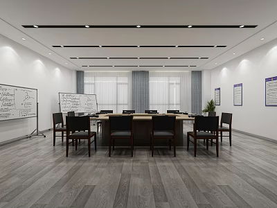 Modern Conference Room Interior With Conference Table Chairs Whiteboard Windows And Wall Posters 3d model
