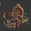 Garden Ornament With Stone Fountain Hanging Lanterns Water Drops And Green Leaves
