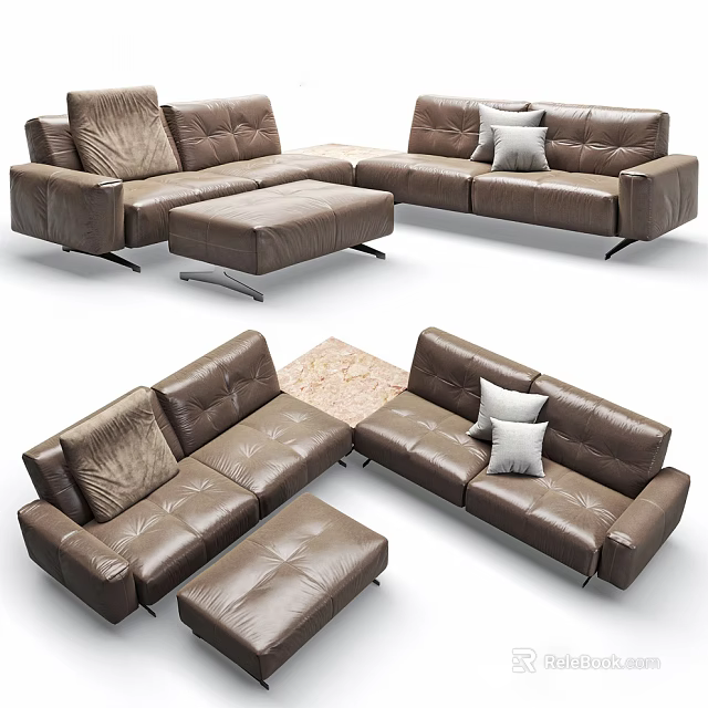 Modern Brown Leather Sectional Sofa Set with Ottoman and Accent Pillows for Living Room Decor 3d model 