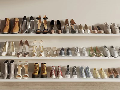 Various Types of Shoes Including Heels Sneakers Boots Displayed on Multiple Shelves 3d model