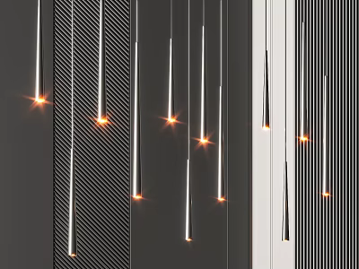 Sleek Modern Metallic Pendant Lights Glowing In Interior With Geometric Patterned Walls 3d model