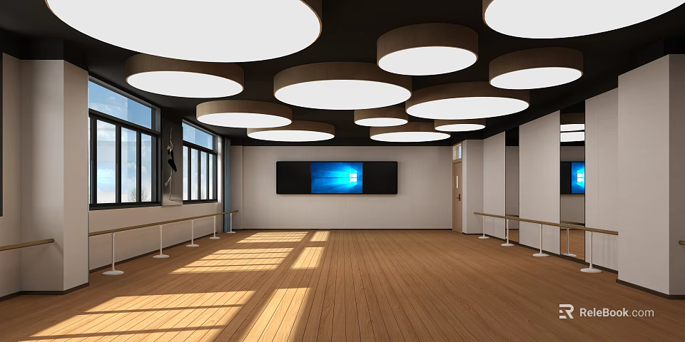 Bright Fitness Workout Space With Wooden Flooring Round Lights Large Screen And Exercise Barres 3d model 