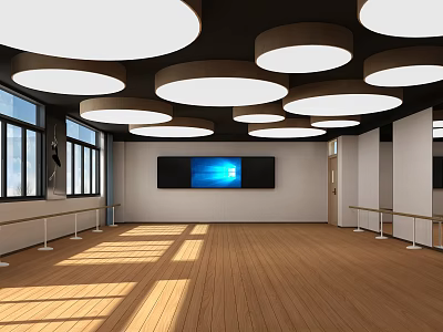 Bright Fitness Workout Space With Wooden Flooring Round Lights Large Screen And Exercise Barres 3d model