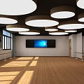Bright Fitness Workout Space With Wooden Flooring Round Lights Large Screen And Exercise Barres