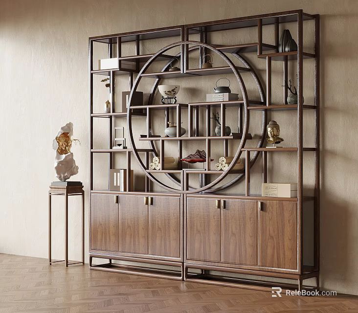 Chinese Style Wooden Display Shelf With Circular Design And Decorative Items 3d model 