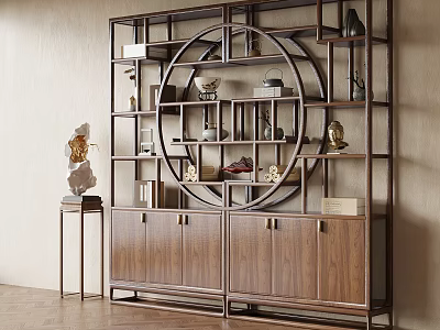 Chinese Style Wooden Display Shelf With Circular Design And Decorative Items 3d model