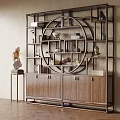 Chinese Style Wooden Display Shelf With Circular Design And Decorative Items